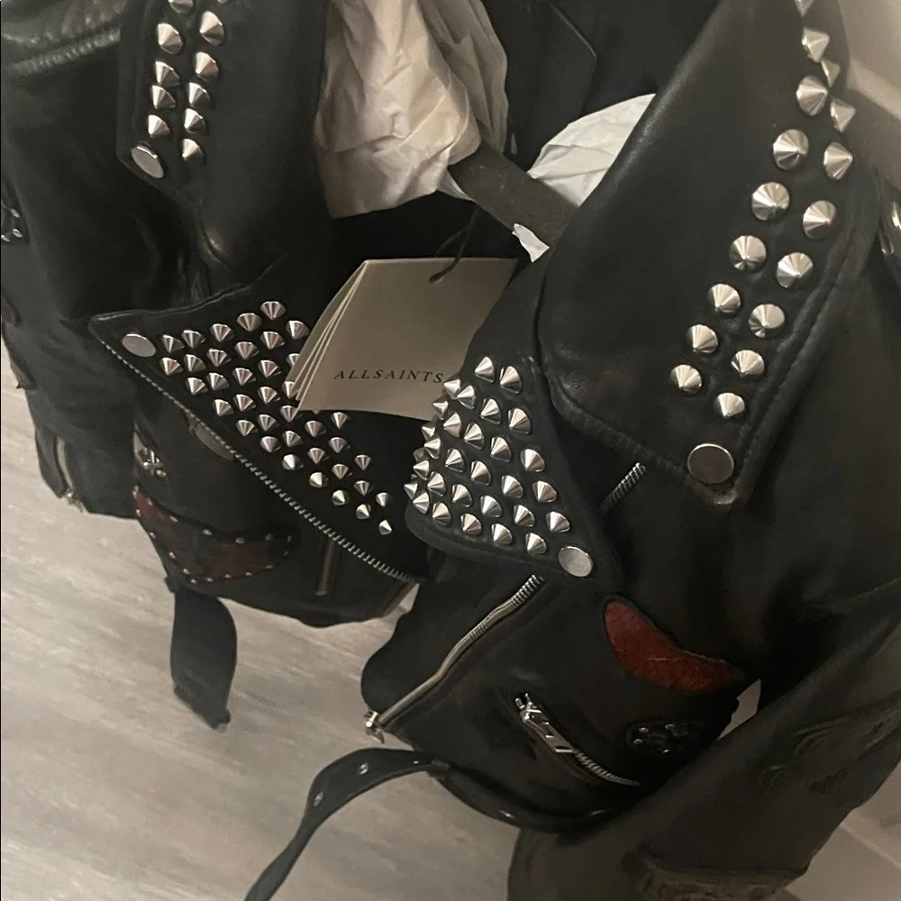 All Saints College studded Black Leather Jacket S - Picture 4 of 5